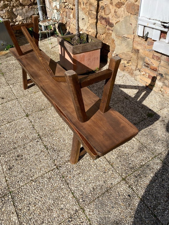 Image 1 of Pair of elm benches for a rustic brutalist farmhouse table, 1950s