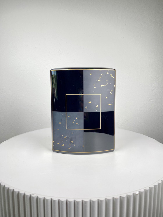 Image 1 of Vaso geometrico vintage Rosenthal Studio-Linie nero e oro - Elegante arredamento per la casa in stile postmoderno tedesco