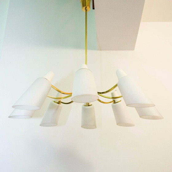 Image 1 of Vintage Sputnik chandelier with 8 opaline shades by Stilnovo Style, Italy 1950