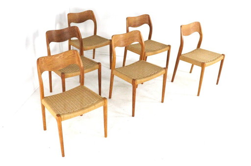 Set of 6 Niels Otto Moller for JL Mollers model 71 chairs vintage papercord