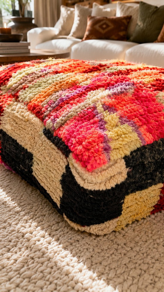 Pouf Berbero Marocchino Multicolore in Lana Fatto a Mano – 60 × 60 cm – Cuscini, Wool (photo 6 of 7)