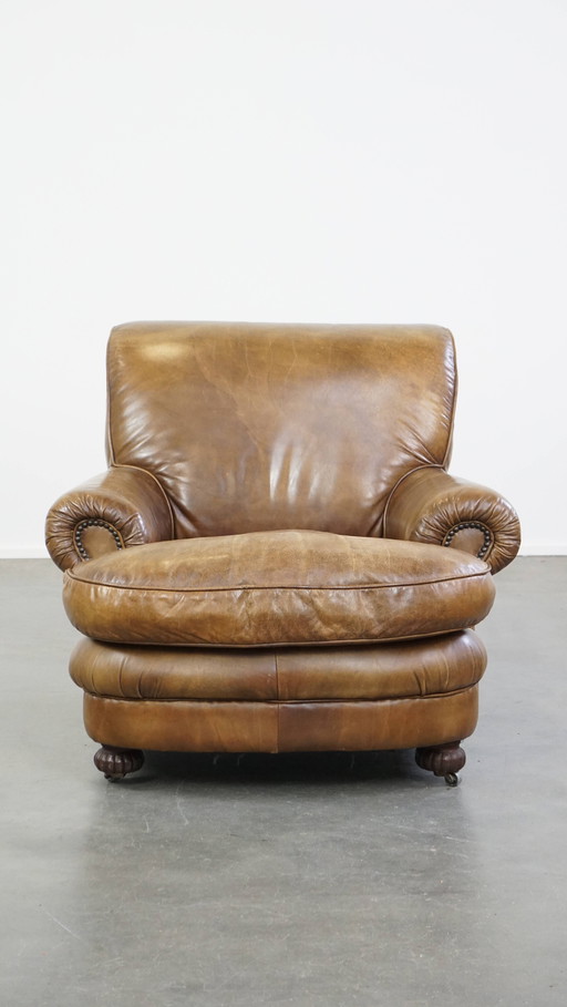 Beef Leather Vintage Design Armchair on Wheels