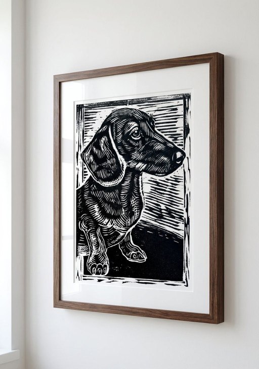 Estampe linogravure artisanale Teckel A4 – Décoration murale linogravure chien