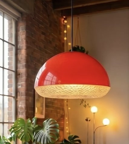Lampada a sospensione vintage di design a forma di UFO in stile Space Age, colore rosso.