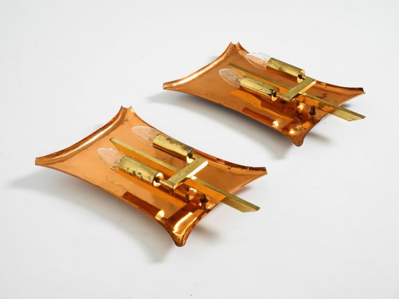 Image 1 of Appliques murales d'église uniques, grandes et lourdes, de style milieu du siècle, en cuivre et laiton