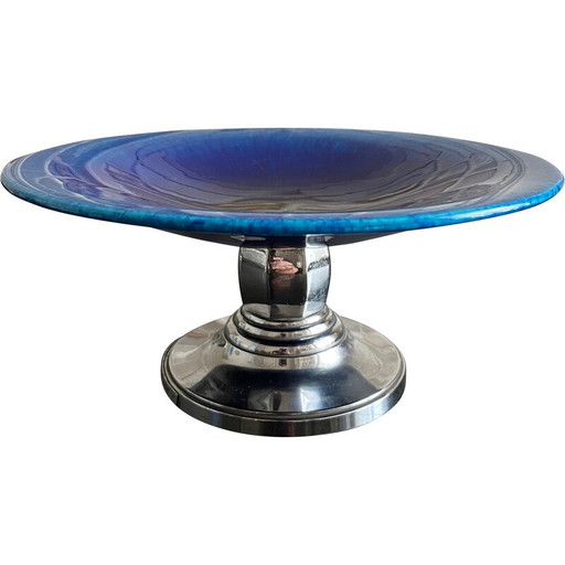 Vintage blue earthenware and chromed metal bowl by Paul Millet for Sévres, 1930