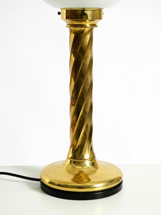 Image 1 of Large 1960s brass column-style table lamp with frosted glass globe