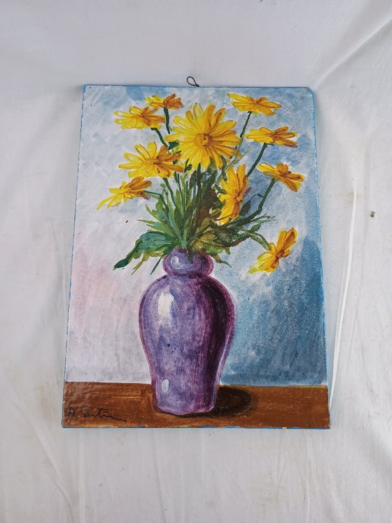 Image 1 of Signed Italian Faience Wall Tile by Aconte, Hand Painted Floral Still Life, Made in Italy Vintage Ceramic Art