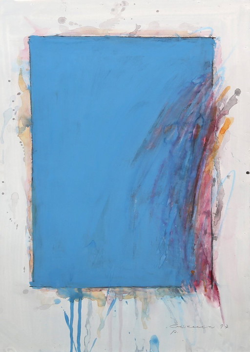 Flache Räume, Blaues Rechteck von Bernd Berner, Gouache Kunst aus 1997