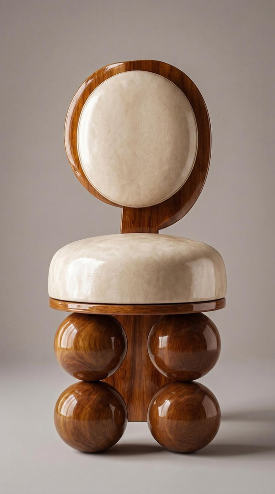 Image 1 of Sculptural Accent Chair, Cream Upholstered, Walnut Wood Frame, Modern Statement Dining Chair