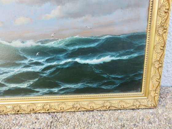 Image 1 of Dipinto incorniciato raffigurante un oceano molto agitato 45 cm x 76 cm