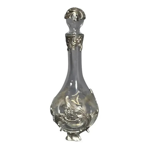 France, 1960s Glass Carafe, on Feet and Pewter Decoration With Its Cap