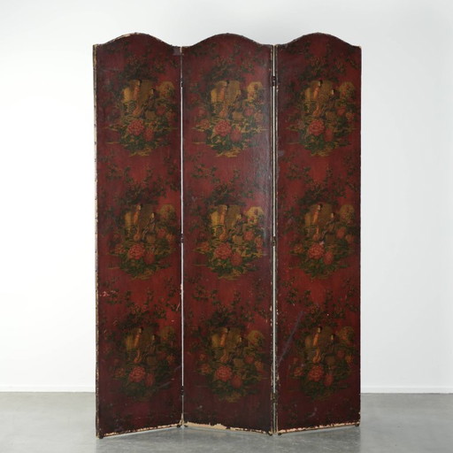 Prachtige antieke Engelse rode lederen met de hand beschilderde Chinoiserie roomdevider/ kamerscherm met florale motieven