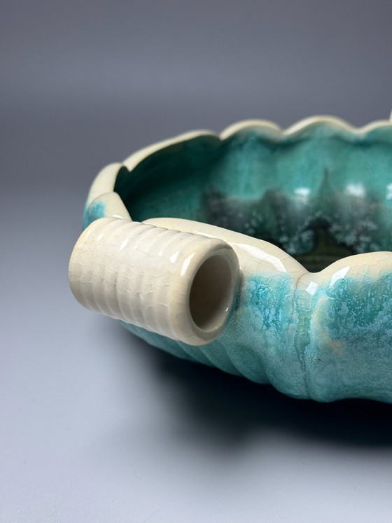 Faïenceries de Thulin, Art Deco Turquoise Ceramic Centrepiece with Drip Glaze, Belgium, circa 1930s (photo 5 of 13)