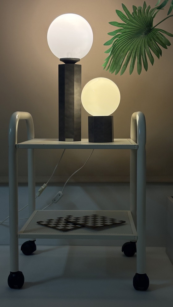 Image 1 of Lot de 2 lampes sur pied vintage Bony Design Space Age, globe en verre gris