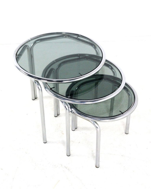 Italian round chrome nesting tables smoked glass vintage