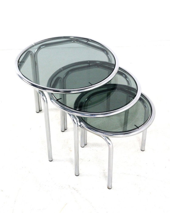 Image 1 of Italian round chrome nesting tables smoked glass vintage