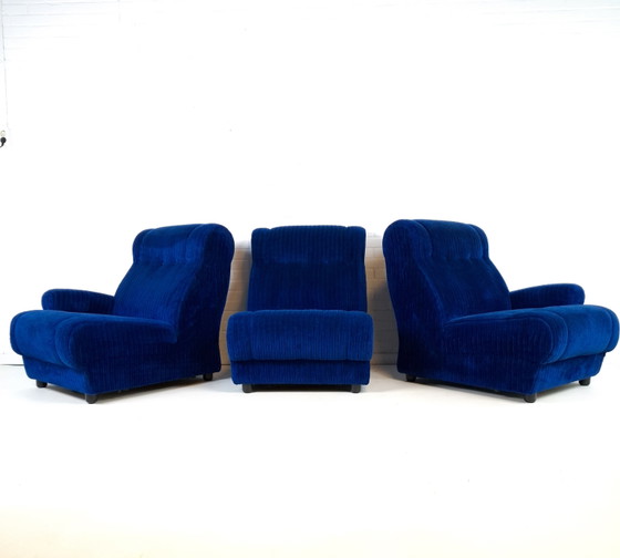 Image 1 of Canapé modulable vintage, 3 parties, tissu velours côtelé bleu roi