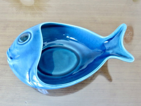 Image 1 of Blauwe crackle-ware "vis" zak netjes, Charolles, Frankrijk, 1960
