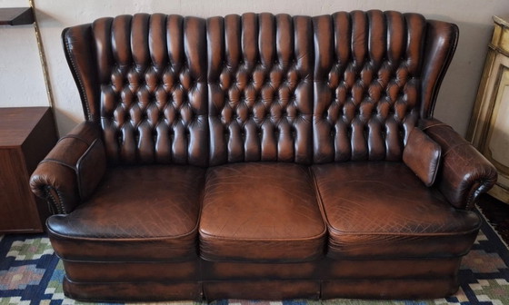 Image 1 of Chesterfield 3-Seater Chestnut Coloured Leather Sofa