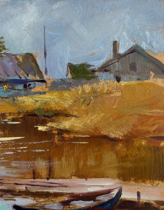 Image 1 of Origineel olieverfschilderij: Herfstlandschap van een dorp. Er is een jachthaven in het dorp.