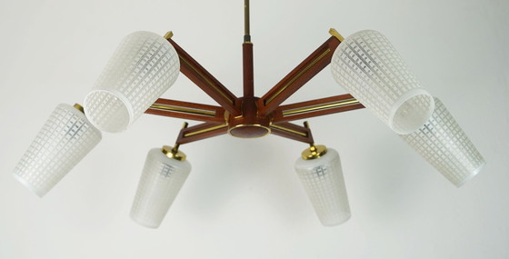 Image 1 of Lámpara de techo Sputnik de 8 luces, mediados de siglo, de teca, latón y vidrio, de la década de 1960