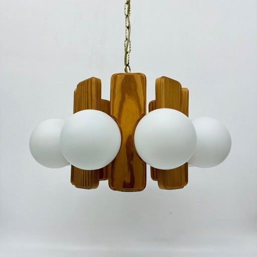Vintage pine wooden chandelier with glass globes , 1970s