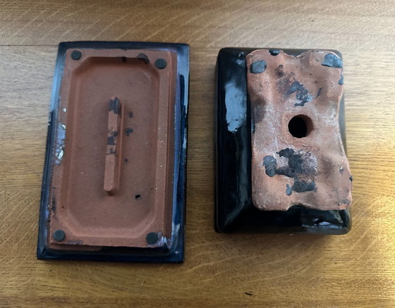 Image 1 of Rectangular pot + blue glazed saucer 18 cm x 11.5 cm for bonsai or succulent