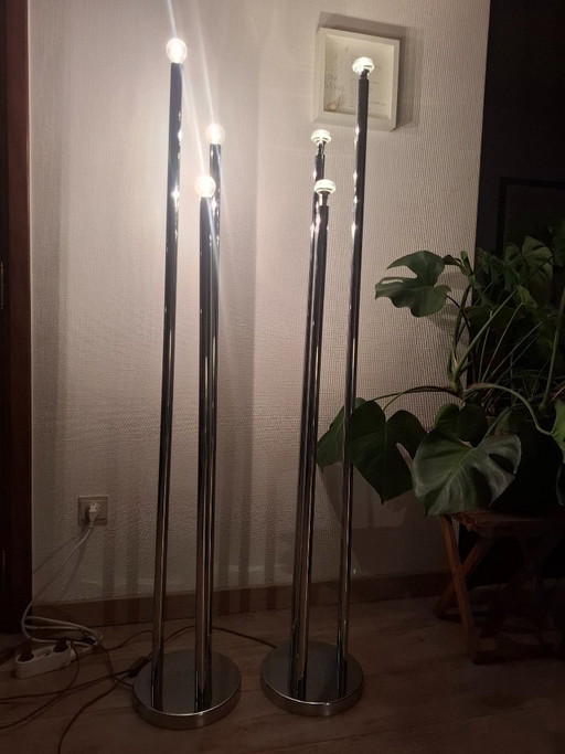 Set of 2 Vintage Space Age 'Organ Pipe' Floor Lamps - Chrome - 1970s (Aro Leuchte / Reggiani Style) – vloerlampen