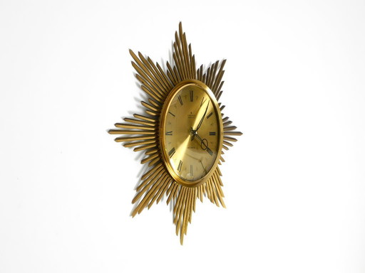 Beautiful large original 1960s brass sunburst wall clock by Junghans ATO-MAT