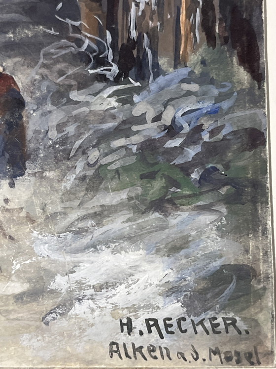Image 1 of Peinture d'hiver antique originale de Heinrich Recker (1927) – « Alken an der Mosel » avec dédicace