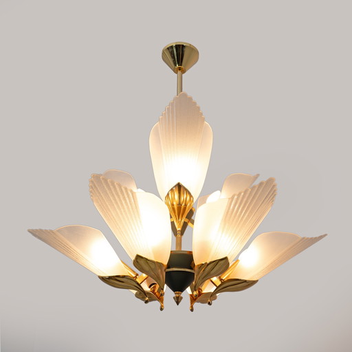 Nine-Light Chandelier Brass And Acid-Etched Glass By F. Fabbian, 1980S