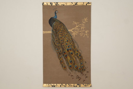 Canvas painted with a peacock on a branch. Contemporary work.
