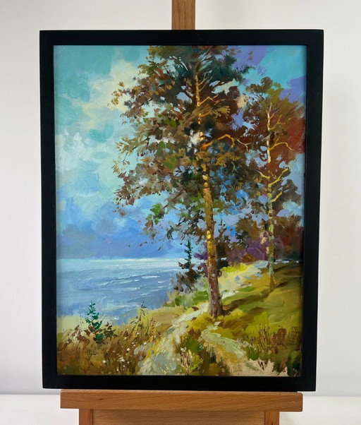 Pintura al óleo original: Paisaje costero de verano donde vive el cuento de hadas.