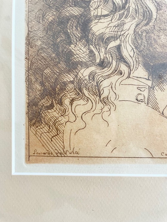 Image 1 of Grabado antiguo enmarcado, según Leonardo da Vinci, perfil masculino renacentista, marco de madera dorado, 40 x 36 cm, decoració