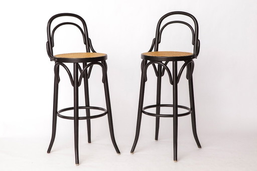 Pair of Bentwood Bar Stools with Vienna Cane Seats – Thonet Style, Black Beechwood, Italian Vintage 1980s