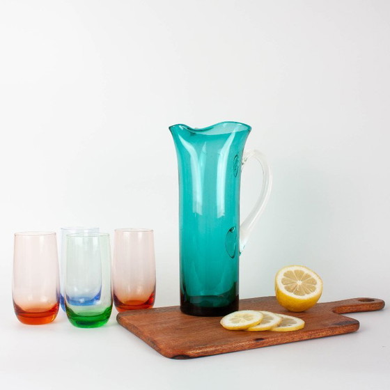 Jarra de cristal turquesa portuguesa de la década de 1960 – Vasos y jarras, Glass (photo 2 of 15)