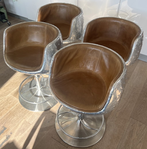 4x Hand Beaten Aluminum With Antique Leather Barstools