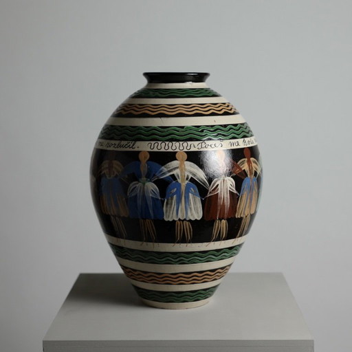Michal Parikrupa-Šipár „Karička“ handgeschilderde keramische vaas, Pozdišovce, Tsjechoslowakije, 1970