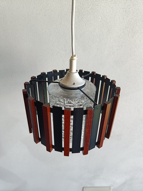 Image 1 of Scandinavian style pendant lamp in teak, black metal and textured glass, 1960s/70s