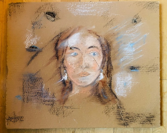 Image 1 of A female portrait painting created on old, worn, honeycomb-patterned cardboard packaging.