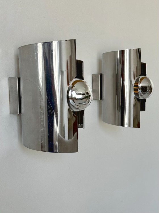 Image 1 of Pair of vintage wall lights, curved chrome-plated metal, France, 1970