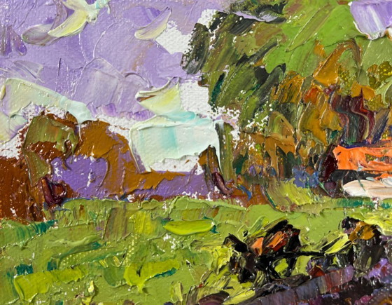 Image 1 of Original Oil Painting Summer Road Landscape Morning in the village