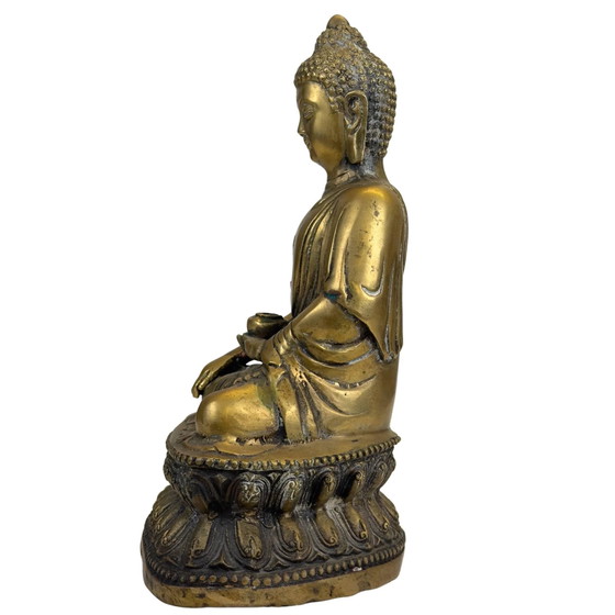 Gilded Medicine Buddha on Lotus Throne – Tibetan Style Bronze Sculpture (photo 7 of 11)