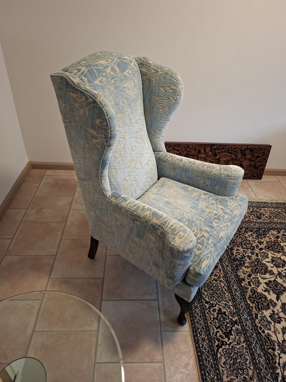 Schöner gepolsterter Sessel, Stoff, Holz, Blau (Foto 3 von 5)