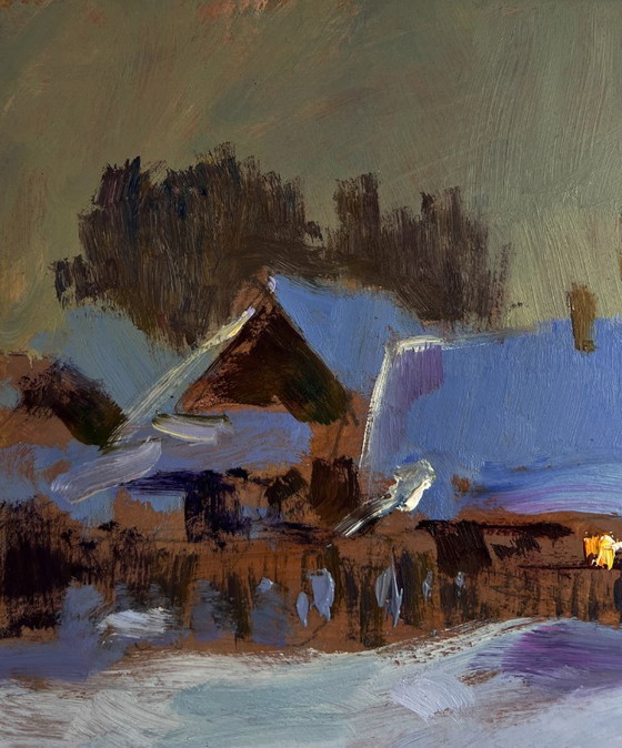 Image 1 of Original Oil Painting Winter Village Landscape Large snow drifts fell
