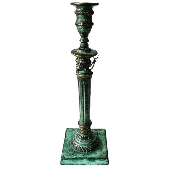Image 1 of Antique bronze candlestick green patina 1900's