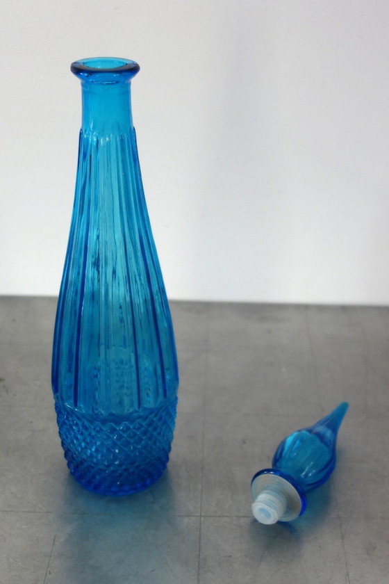 Empoli bottle or decanter with stopper, Italy 1960, Glass & Decanter, Glass, Blue, Vintage (photo 8 of 8)