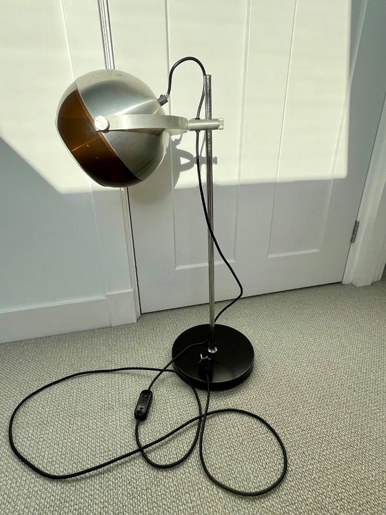 Image 1 of Seltene Dijkstra-Tischleuchte mit Augapfelmotiv | Weltraumzeitalter der 1970er Jahre | Metall & Mokka