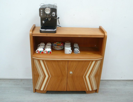 50s sideboard cupboard coffee bar, wood + cream, Mid - Century